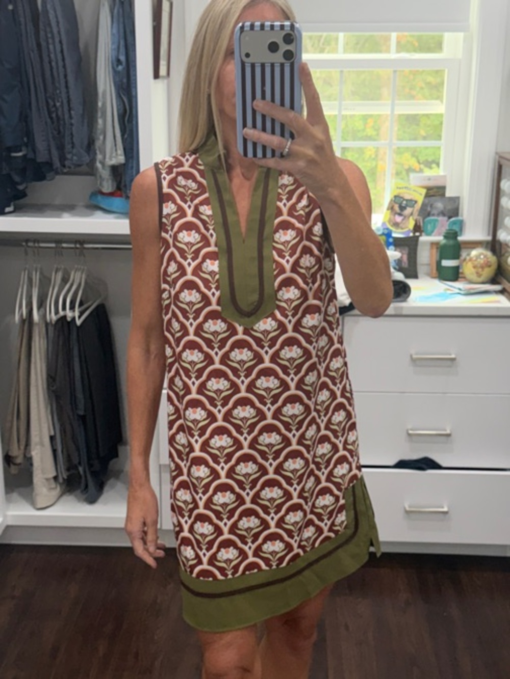 Cicy Bell Sleeveless Printed Mini Dress with Olive Trim